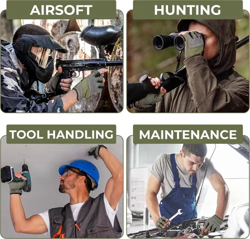 Vista 7 de HANDLANDY Guantes tácticos de impacto sin dedos para hombre, guantes de trabajo con agarre acolchado de medio dedo, guantes de conductor de Verde