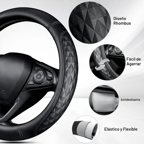 Vista 7 de CAR PASS Juego de fundas de cuero de espuma viscoelástica 3D para volante de automóvil, cómodo cojín de cuero de rombo para consola central con Negro