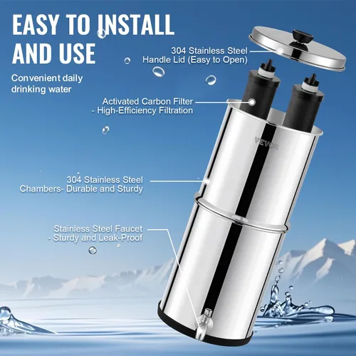 Vista 6 de VEVOR Sistema de filtro de agua por gravedad, sistema de sobremesa de acero inoxidable 304 de 1.5G, sistema de filtración de agua, reduce el plomo