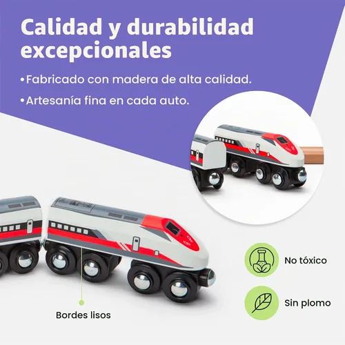 Vista 2 de Maxim Enterprise, inc. Tren de bala de madera, juego de 2 motores modernos, 1 elegante coche de pasajeros con conectores magnéticos, compatible
