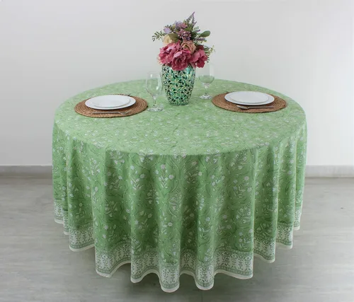 Vista 2 de Ridhi Mantel redondo con estampado de bloque a mano, 100% algodón, reutilizable, color verde pera de 132 pulgadas, mantel decorativo para uso diario