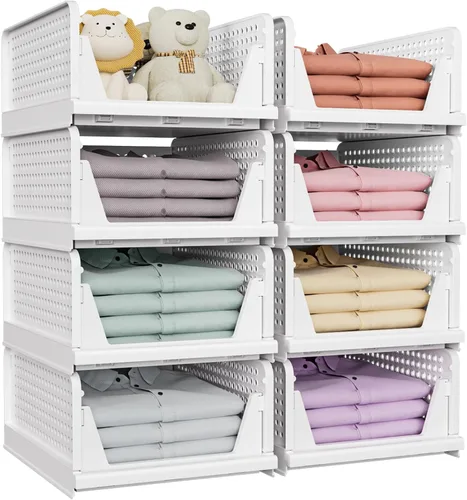 Vista 8 de SNSLXH Paquete de 5 cajas organizadoras apilables de armario, cesta de almacenamiento multifuncional y plegable para baño, cocina, lavandería