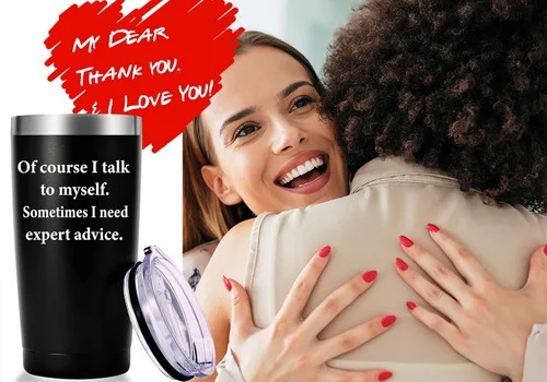 Vista 6 de AMZUShome Taza de viaje con texto en inglés "Of Course I Talk To Mysel". Regalos divertidos con mensajes. Regalos para mamá, papá, hermano, hermana