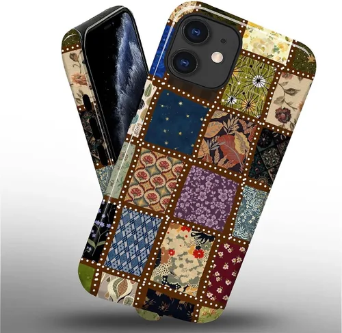 Vista 2 de Funda para iPhone 11, resistente híbrida 2 en 1, protección completa contra golpes con acabado brillante, diseño de collage de tela a cuadros