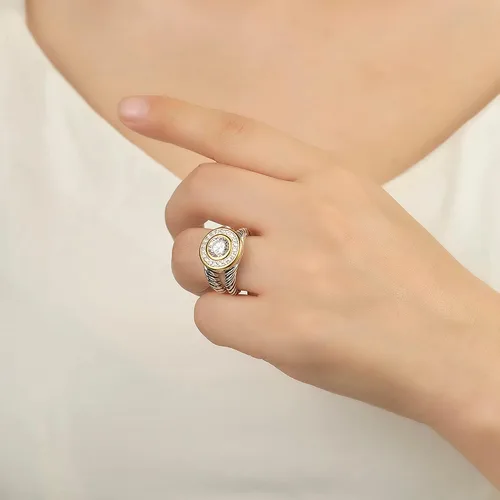Vista 4 de UNY JEWEL Anillo de alambre trenzado de dos tonos con vástago dividido pavé CZ joyería inspirada en el diseñador único anillo de moda para mujer
