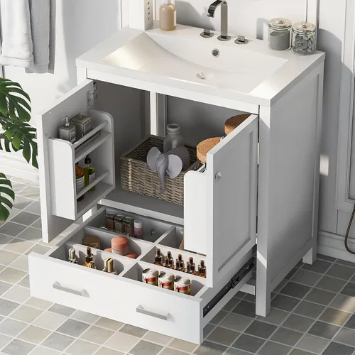 Vista 30 de Tocador de baño multifuncional de 30 pulgadas con lavabo individual, armario combinado de montaje inferior, marco de gabinete de baño de madera