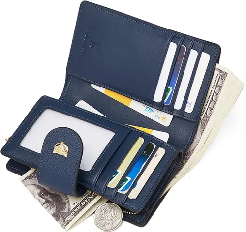 Vista 8 de FOXLOVER Carteras plegables para mujer con bloqueo RFID para regalo con cremallera para mujer Azul Moda