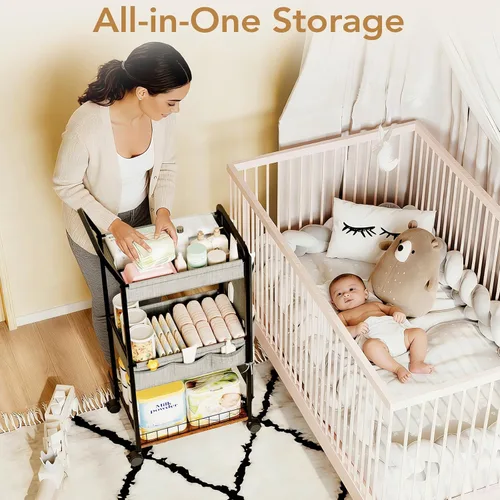 Vista 3 de BBLIKE Organizador de pañales de 3 niveles – Carrito de bebé utilitario rodante con cesta y bolsillos laterales para guardería y artículos