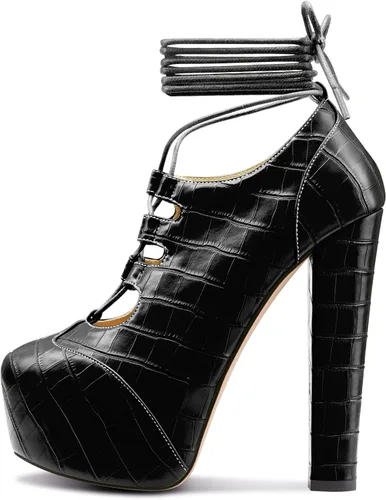 Vista 2 de Aachcol Botas de tobillo estilo gladiador con tacón grueso y plataforma alta para mujer, botas de vestir con cordones