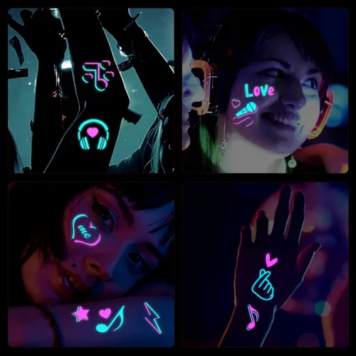 Vista 5 de Konsait 20 hojas de tatuajes de luz negra para adultos, notas musicales, tatuajes de brillo corporal, cara, tatuajes temporales, impermeables