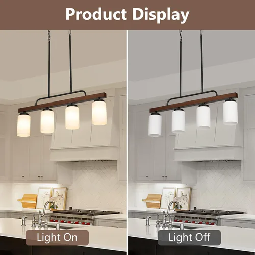 Vista 7 de Lámpara de Comedor Estilo Granja Sobre Mesa, Iluminación de Isla de Cocina de Madera Negra de 4 Luces con Vidrio Blanco Leche, Luces Colgantes