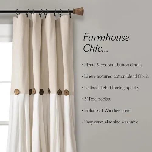 Vista 6 de Lush Decor - Cortinas de lino con botones de estilo granja, panel individual, diseño plisado de dos tonos de 40 pulgadas de ancho x 45 pulgadas
