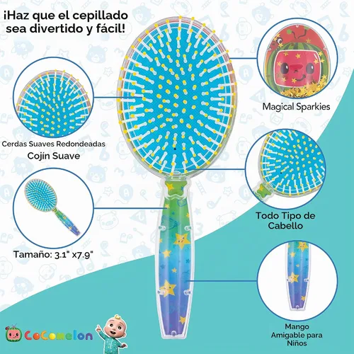 Vista 3 de CoComelon - Cepillo de pelo mágico con estrellas brillantes y confeti para niños, color verde, a partir de 3 años Azul- Verde -Rojo