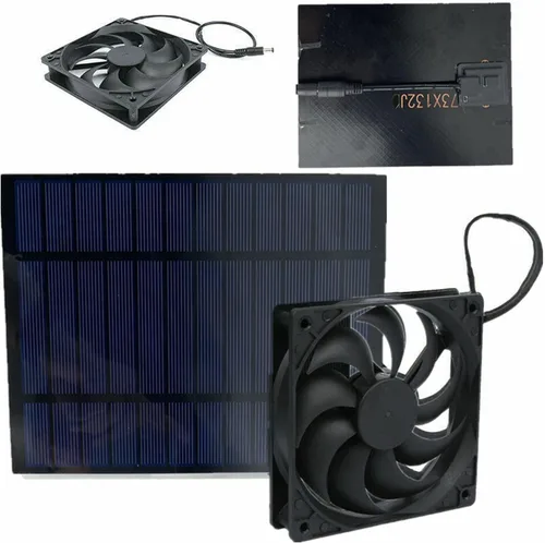 Vista 4 de Hyuduo Panel solar de 10 W, 10 W, doble ventilador, impermeable, panel solar para interiores y exteriores, con kit de ventilador de escape