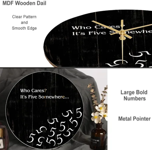 Vista 5 de Five O'clock Somewhere Clock Who Cares It's Five Somewhere Clocks Silent Non-Ticking Relojes de pared de madera de cuarzo de 10 pulgadas, relojes