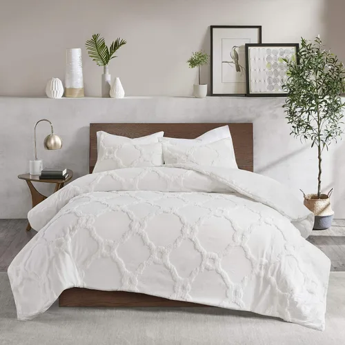 Vista 17 de Madison Park Juego de ropa de cama de algodón chenille con mechones para todas las estaciones, fundas a juego, tamaño matrimonial/queen