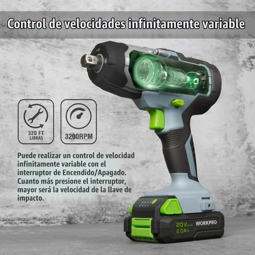 Vista 6 de WORKPRO Llave de impacto inalámbrica de 20 V, de 1/2 pulgada, par máximo de 320 pies-libra, batería de iones de litio de 2.0 Ah con cargador rápido