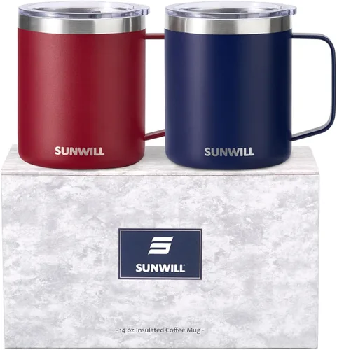 Vista 14 de SUNWILL - Taza de café de viaje con tapa, taza aislada con asa, taza de acero inoxidable de 14 oz para hielo, agua, té, color oro rosa