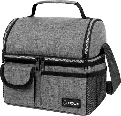 Vista 17 de Opux - Bolsa de almuerzo aislada de doble compartimento para hombres y mujeres Bolsa de almuerzo reutilizable con correa para el hombro, forro