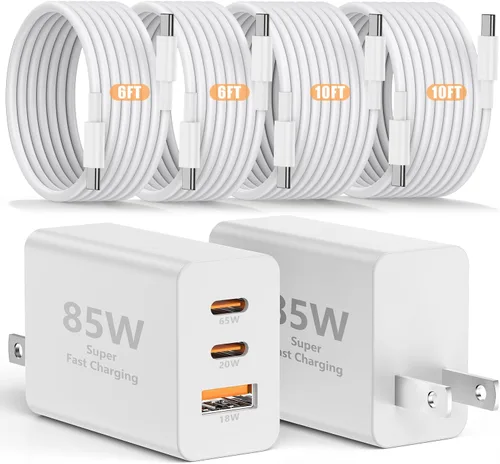 Vista 12 de Susnwere - Cargador de pared USB C de 85 W para Samsung S26 Ultra, 3 puertos de 100 W PD rápida 3.0 tipo C carga con cable USB C de 3/6/10/10 pies