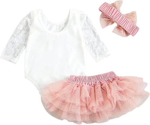 Vista 7 de Conjunto de mameluco de encaje floral de manga larga para niñas y bebés con falda tutú y diadema