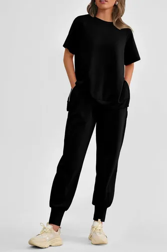 Vista 7 de PRETTYGARDEN Conjunto de 2 piezas de verano para mujer, conjunto deportivo casual de manga corta, pantalones deportivos de cintura alta