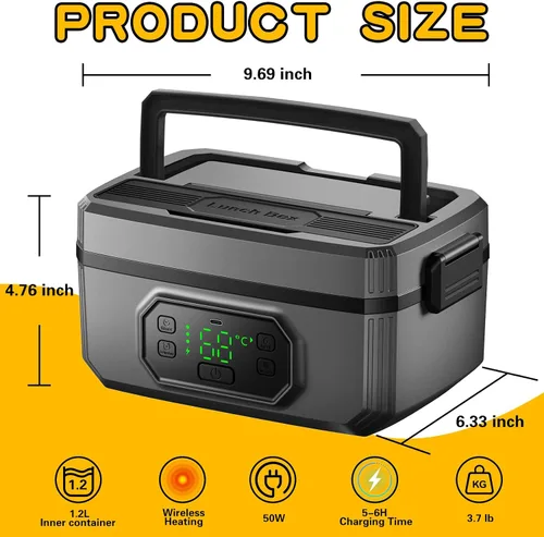 Vista 2 de Swingers Lonchera térmica inalámbrica, lonchera de 21000 mAh con autocalentamiento, alimentada por batería, lonchera eléctrica portátil de 1.2 L