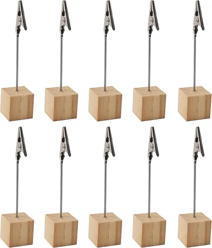 Vista 9 de 10 soportes de clip de notas con base de cubo de madera marrón, soportes de clip de cocodrilo para números de mesa, tarjetas de lugar, fotos