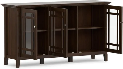 Vista 4 de SIMPLIHOME Bedford - Aparador de madera maciza de 62 pulgadas de ancho en marrón moreno Aparador de buffet de transición con puertas de vidrio