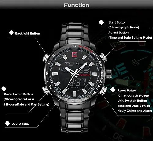 Vista 3 de NAVIFORCE - Reloj de pulsera deportivo para hombre resistente al agua multifunción acero inoxidable analógico digital LED cuarzo color blanco y negro