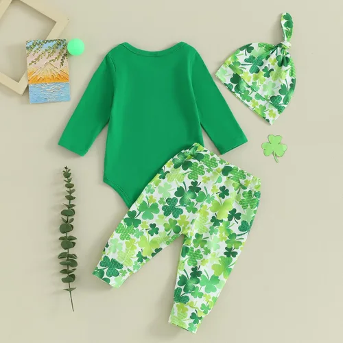 Vista 3 de Conjunto de manga larga con cuello redondo y letras para bebé niño, ropa de primavera, Verde demasiado lindo para parchear