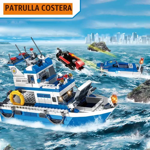 Vista 2 de Conjuntos de bloques de construcción City Boat STEM, juegos de barco de policía y barco, kit de construcción de juguetes de botes de rescate