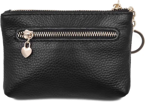 Vista 2 de Mini monedero con cremallera de cuero genuino para mujer, con llavero con triple cremallera, tarjetero Negro