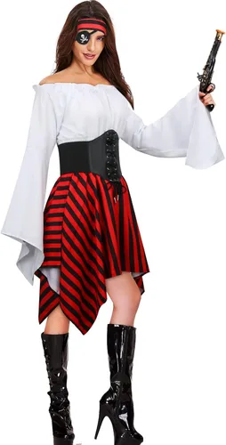Vista 2 de 5 piezas de disfraz de pirata para mujer, cosplay, renacentista, blusa superior, corsé, cinturón de cintura, falda, rayas, pañuelo para la cabeza