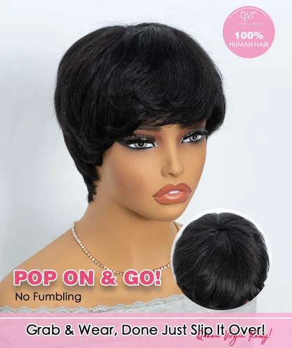 Vista 2 de QUEEN VIRGIN REMY QVR - Peluca de cabello humano con corte Pixie con flequillo, pelucas cortas para mujeres negras, cabello humano de diferentes