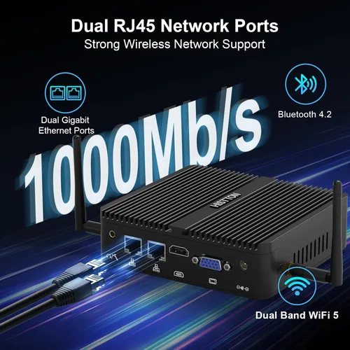 Vista 5 de HISTTON Mini PC N100 Win 11 Pro, Mini computadora industrial sin ventilador, DDR4 8 GB RAM 128 GB SSD, PC pequeña, LAN dual, WiFi 5, BT4.2, 2 RS232