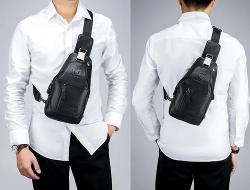 Vista 7 de BULLCAPTAIN Bolso bandolera de cuero genuino con múltiples bolsillos para hombre, bolso cruzado de viaje, mochila de hombro pequeña casual