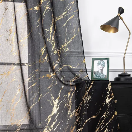 Vista 3 de Sutuo Home - Cortinas traslúcidas de mármol de 63 pulgadas de largo, juego de 2 paneles, con estampado de lámina de oro y bronceado metálico