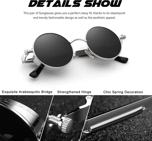 Vista 3 de CGID E72 - Lentes de sol polarizados redondos con círculos de metal estilo steampunk retro para mujeres y hombres