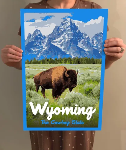 Vista 4 de GO SEE DESIGN Wyoming - Póster de viaje de estilo vintage The Cowboy State, 8 x 10, 12 x 18, 18 x 24, 24 x 36 pulgadas, 4 x 6 pulgadas, impresión