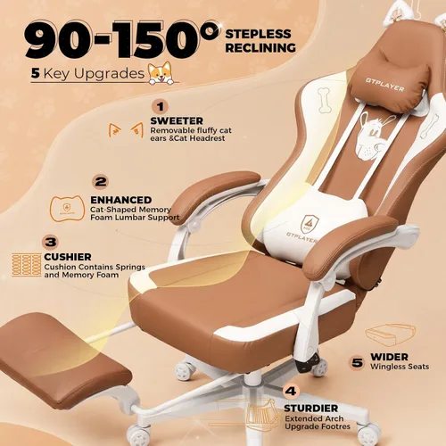 Vista 5 de GTPLAYER Silla de juegos linda con orejas de gato, ergonómica con bordado de perro, soporte lumbar de espuma viscoelástica ajustable