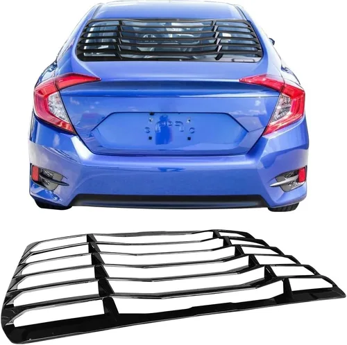 Vista 2 de IKON MOTORSPORTS, Rejillas de ventana trasera compatibles con Honda Civic Sedan 2016-2021, estilo IKON color negro brillante, cubierta solar ABS