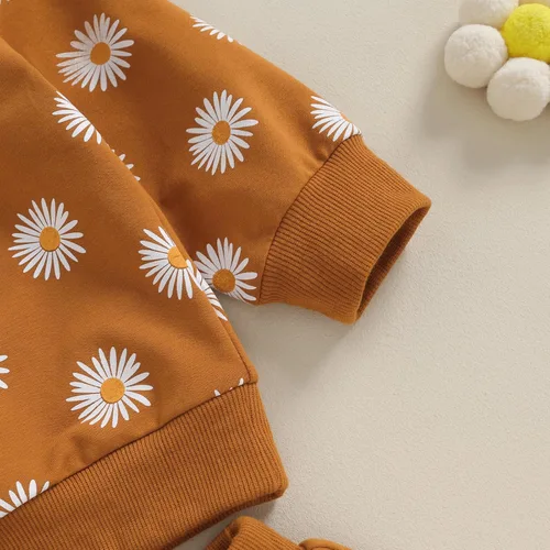 Vista 3 de CIYCUIT Conjunto de 3 piezas de sudadera de margaritas + pantalones + diadema, ropa infantil de otoño e invierno