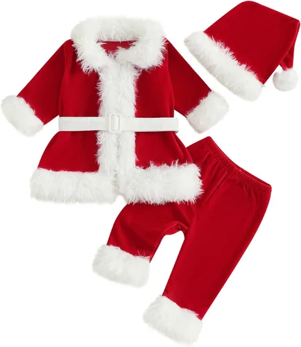 Vista 7 de FIOMVA Disfraces de Navidad para Bebé Niña Niño Trajes de Papá Noel Ropa Conjuntos Vestido Chaqueta Abrigo Pantalones Largos Gorro Calcetines Cosplay