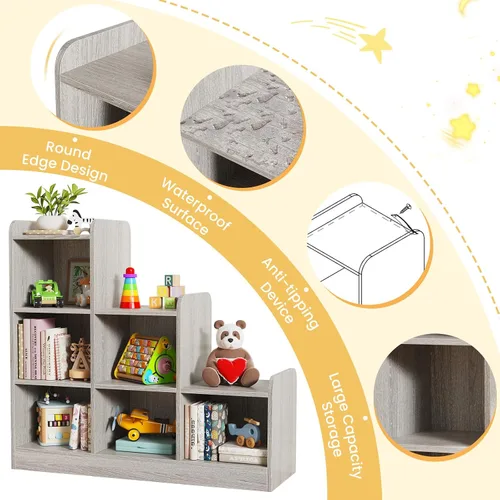 Vista 3 de Derfullo Estantería para libros, organizadores y almacenamiento de juguetes de 6 cubos, estantería Montessori pequeña de suelo abierto para Gris