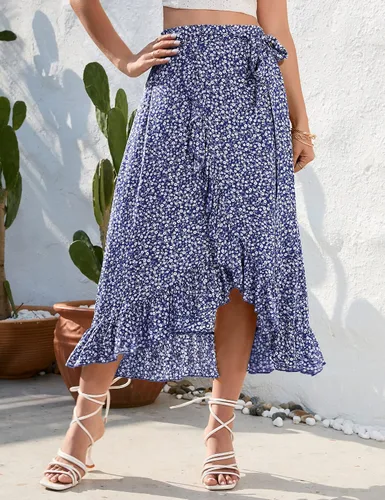 Vista 2 de KOJOOIN Faldas bohemias de cintura alta con nudo de lazo para mujer, con estampado floral, dobladillo con volantes divididos, falda midi