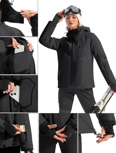 Vista 5 de Ewedoos Chaquetas de esquí de nieve para mujer con capucha desmontable, resistente al viento, chaqueta de snowboard de invierno para mujer