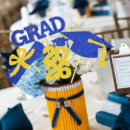 Vista 3 de Centro de mesa azul dorado para decoración de graduación, decoración de mesa de graduación con purpurina, suministros de felicitaciones, 16 piezas