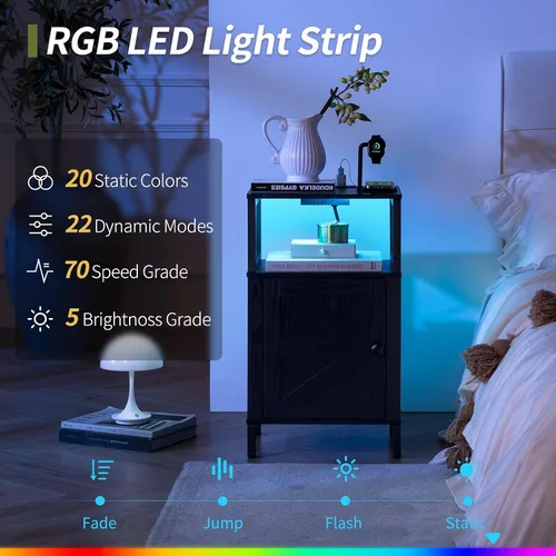 Vista 6 de Yoobure Mesita de noche de granja con estación de carga, extremo de noche de madera con puertos USB, mesa auxiliar de cama LED con armario de Negro