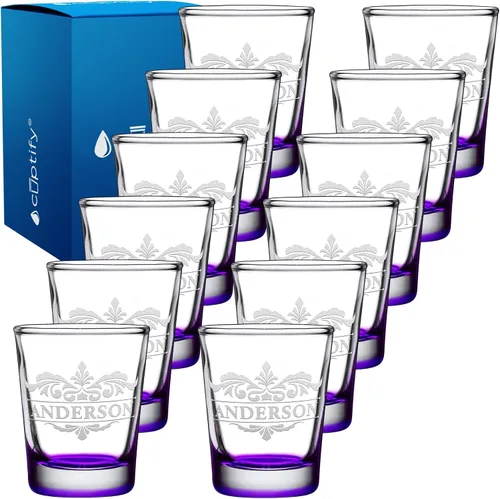 Vista 70 de Vaso de chupito personalizado con nombre de círculo elaborado de 2 onzas, parte inferior negra grabada con texto personalizado para regalos, bodas